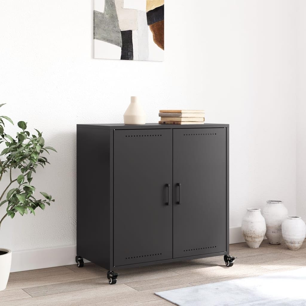Credenza nera 68 x 39 x 72 cm, in acciaio, moderna buffet da cucina con 2 ante e ruote, robusto corridoio e soggiorno, armadietto per balcone, camera da letto o ufficio