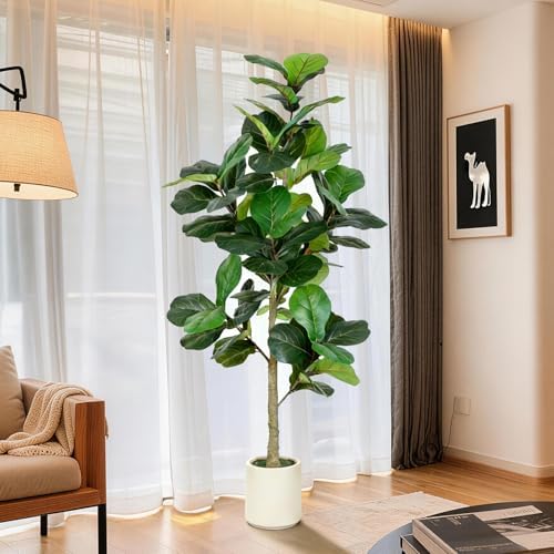 VIVATREES 6FT Fiddle Leaf Fig Artificial Tree with White Planter ...