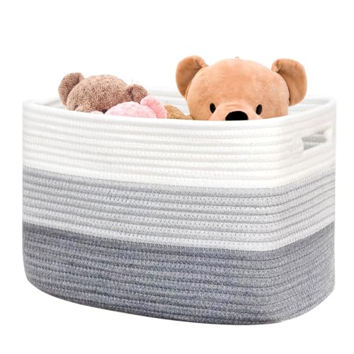 Boensi Laundry Basket with handle - 54×43×30cm Rectangle woven Cotton Rope blanket basket,storage basket for Blankets,Baby Toys & Clothes (Fits Bathroom,Nursery, bedroom,Living Room) (Gradient Grey)