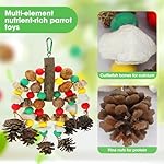 MQUPIN Papageienspielzeug, nussiges, nährstoffreiches Vogelspielzeug, natürliches hölzernes Beißspielzeug für Papageienkäfige, mit Tintenfischknochen, Kiefernzapfen, hölzernen Mangos und Karambole – Bild 3