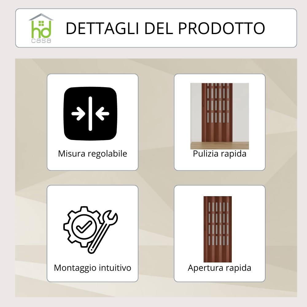 HD CASA Porta a Soffietto Modello Extra Standard, in PVC con Vetri Trasparenti, Reversibile e Regolabile in Altezza e Lunghezza, Fai da Te, Made in Italy, arredo casa, Noce 82x210 cm