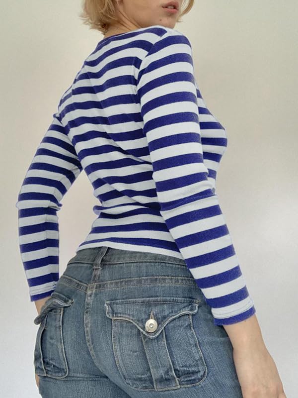 Image of Women Off Shoulder Striped Long Sleeve Top 2026 Fall Going Out Tee Shirts