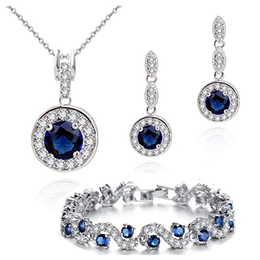Ensemble collier boucles d'oreille et bracelet 18 carats plaqué or blanc avec cristaux autrichiens bleu imitation saphir en zircone