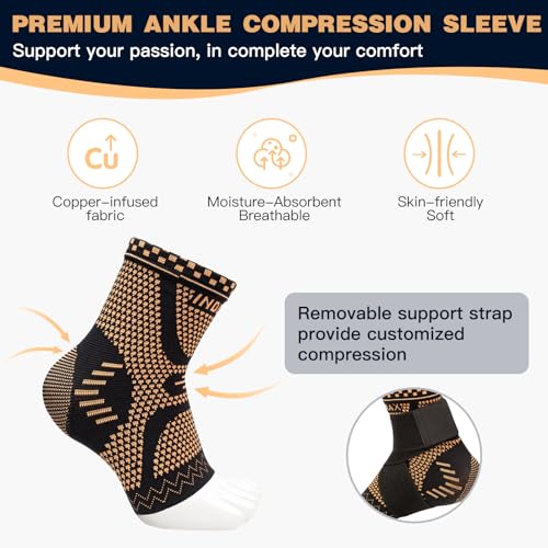 INDEEMAX 2 Pack Ankle Brace for Sprained Ankle, Arch Support Compression Sleeve Socks for Women & Men, Achilles Tendonitis Brace Wraps for Plantar Fasciitis, Foot Swelling Relief (Copper, Large)