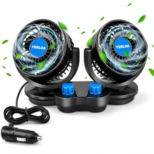 Yerloa Car Fan 12V, Dashboard Portable Fans That Blow Cold Air, Dual Head 2 Speed 360° Rotatable Electric Cooling Fan for Car, Vehicle, Truck, SUV, RV, Van, Boat, Golf Cart with Cigarette Lighter Plug
