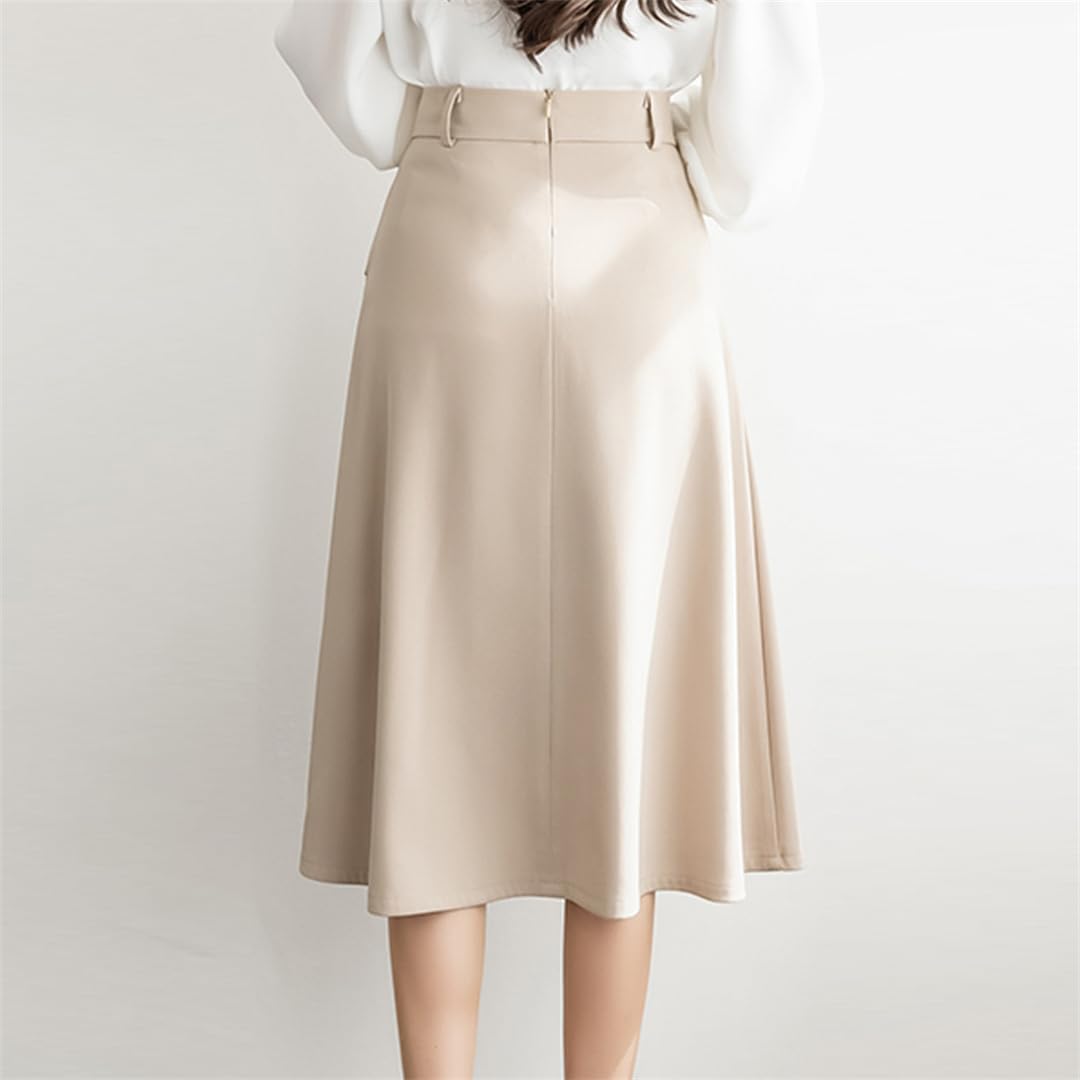 Gonne da Donna A Vita Alta, Monopetto, Midi, con Tasche, Eleganti, da Ufficio, Abbinabili, A Trapezio, Light Khaki Skirts, S