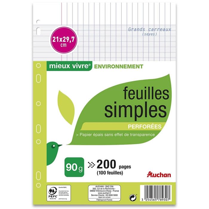 AUCHAN Mieux Vivre Feuilles simples perforées 21 x 29,7 cm 90 g 100 pièces