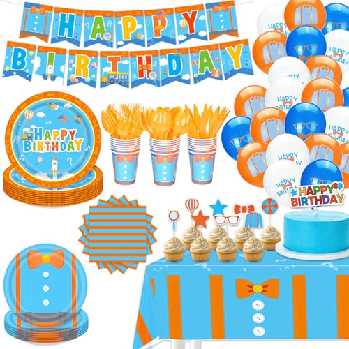 Bafeil 243PCS Cartoon Teacher Theme Party Supplies - Orange Blue Birthday Decorations Set with Paper Plates Napkins Cups Cupcake Toppers Tablecloth Balloons Banner for 24 Guests