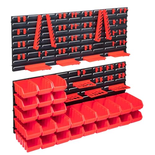 Gecheer Storage Bins Kit Wall Mount Storage Organiser 103 Pcs Bin Panel Rack with Wall Panels Tool Bin for Garage Workshop Storage System Red and Black Hardware Accessories