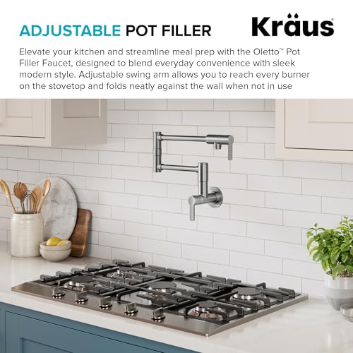 Image of KRAUS Oletto Pot Filler Faucet with Retractable Arm, Wall Mount Kitchen Faucet, Pot Filler for Stove in Spot-Free Brushed Brass, KPF-5001SFS