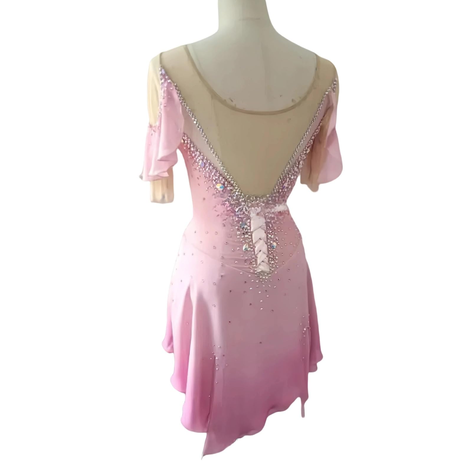 Women's Shiny Short Sleeves Figure Skating Dress, Girl's Ice Skating Skirt for Competition, Customizable(4X-Large) Pink