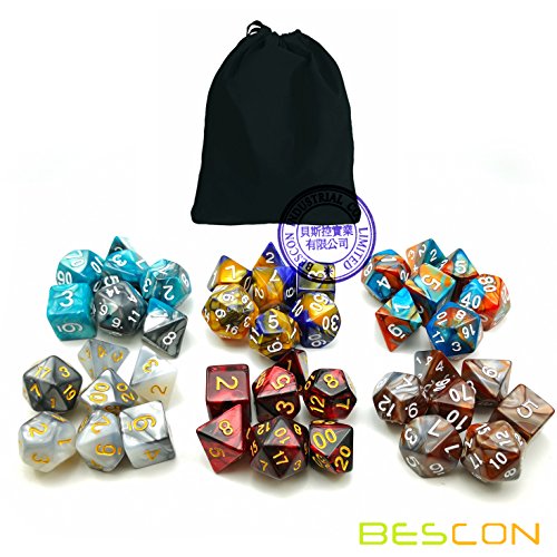 Bescon New Style 6X7 42pcs Polyhedral Dice Set, 6 Unique Shiny Two-Tone Gemini Polyhedral 7-Die Sets Dungeons and Dragons DND RPG MTG Dice Set of 7 d4 d6 d8 d10 d12 d20 d%