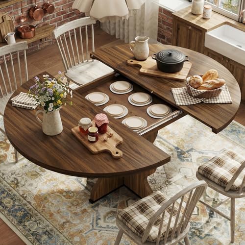 Garvee 47"-63" Extendable Round Dining Room Table for 4-8, Farmhouse Expandable Wood Kitchen Table w/Wider Leg, Sturdy Metal Frame, Oval Circle, for Dinner, Kitchen, Apartment, Space Save, Walnut - Image 4