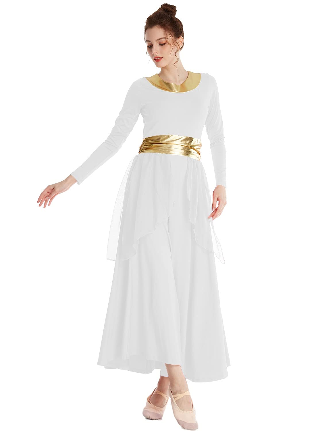 Myrisam Women's White Praise Dance Robe Liturgical Worship Metallic Waistband Long Sleeve Dress Chiffon Skirt Lyrical Costume Xl