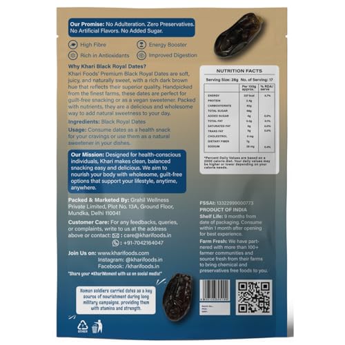 Image of Khari Foods - Black Royal Dates - 1kg Premium Khajoor - High Fibre, No Added Sugar, No Preservatives - Soft Healthy Dry Dates for Energy, Immunity Support and Everyday Wellness