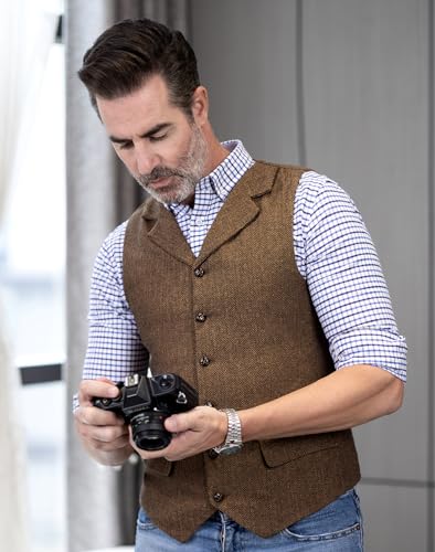 Men's Herringbone Tweed Suit Vest Casual Wool Blend Waistcoat Western Classic Mens Vest3