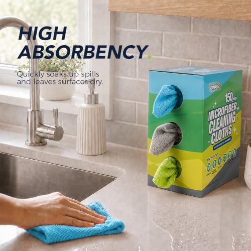 Image of UNIMADE Microfiber Cleaning Cloth, 150 Pack Microfiber Towels for Cars | Reusable Paper Towels Lint Free Shop Rags with Box for Home Kitchen Automotive, 11 inchx 9 inch, Blue & Grey & Green
