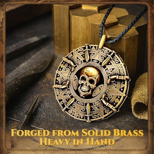 UNKENBO® Pirate Necklace for Men Women - Double-Sided Antique Brass Pirate Accessories, Cursed Skull Coin Medallion Jewelry, Authentic Halloween Cosplay Costume Jewelry Pendant Gift
