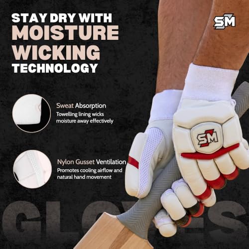 Image of SM Power Batting Gloves Men's | Cricket Gloves | Super Test Model | Imported Sheep Leather Palm | Full Fibre Shield | Plastazote Thumb Protection | Water-Repellent | Professional Gloves | Size Men's