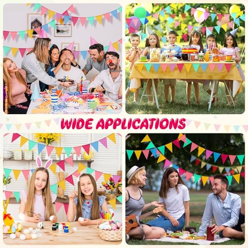 3er Set Wimpelkette Outdoor, 36 Bunte Wimpel (17,5x12,5 cm), 12 m Girlande, Wetterfeste Party Deko für Geburtstag, Gartenparty, Einschulung, Festival & Schützenfest (Regenbogenfarben)