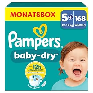 Pampers Baby-Dry Größe 5+, 168 Windeln, 12kg-17kg, Bis zu 100% Auslaufschutz & Komfort die ganze Nacht