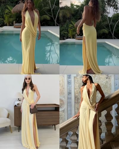 Image of ANKOMINA Women's Sexy V Neck Halter Backless Maxi Dress Ruched High Split Long Bodycon Dresses for Party Cocktail Evening
