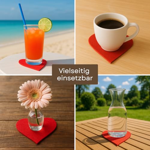 edelkern Filz Herz Untersetzer | 12 Stück | Rote Filzherzen | Rote Untersetzer Deko Herzen für Getränke, Tassen & Gläser | Glasuntersetzer Dekoration für Hochzeit, Empfang, Geburtstag & Party