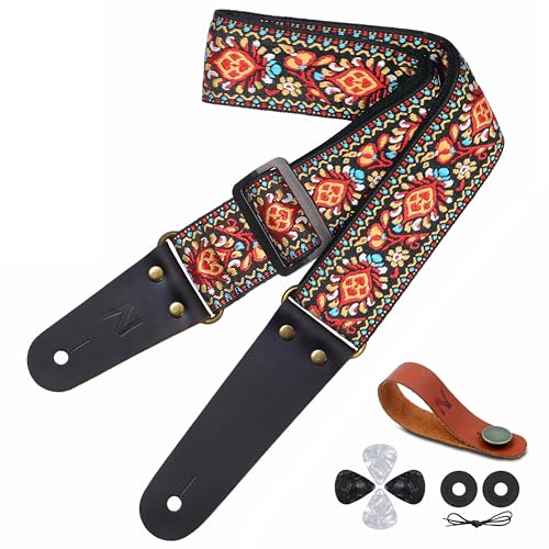 Correa Guitarra (Bordado Roja) - Correa bordada de algodón vintage con extremos de cuero genuino para guitarras de bajo, eléctricas y acústicas, regalos para niños, hombres y mujeres guitarristas