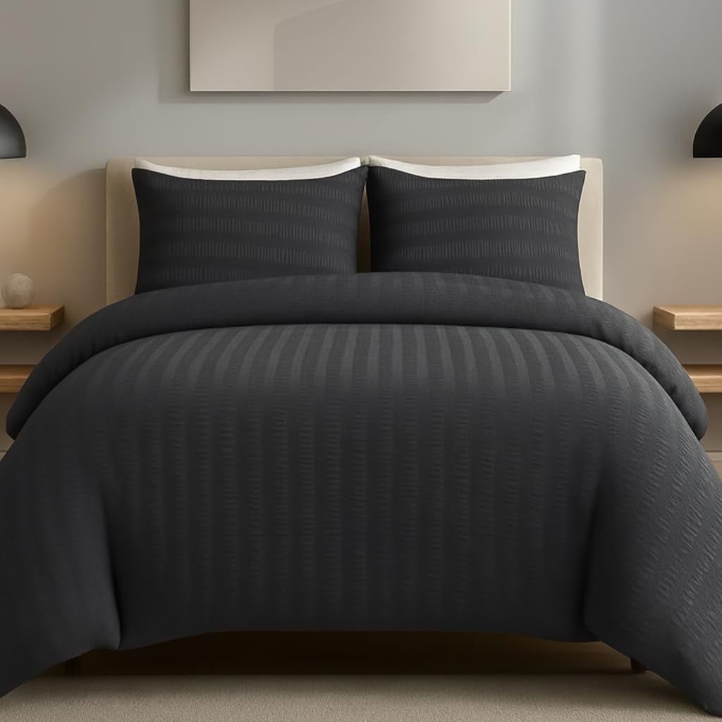 AHS - Double Charcoal Seersucker Duvet Set Cover With Pillow Case - Multiple Sizes - Complete Bedding Set - Ultra Soft Brushed Microfiber - EasyCare & Machine Washable — image 1