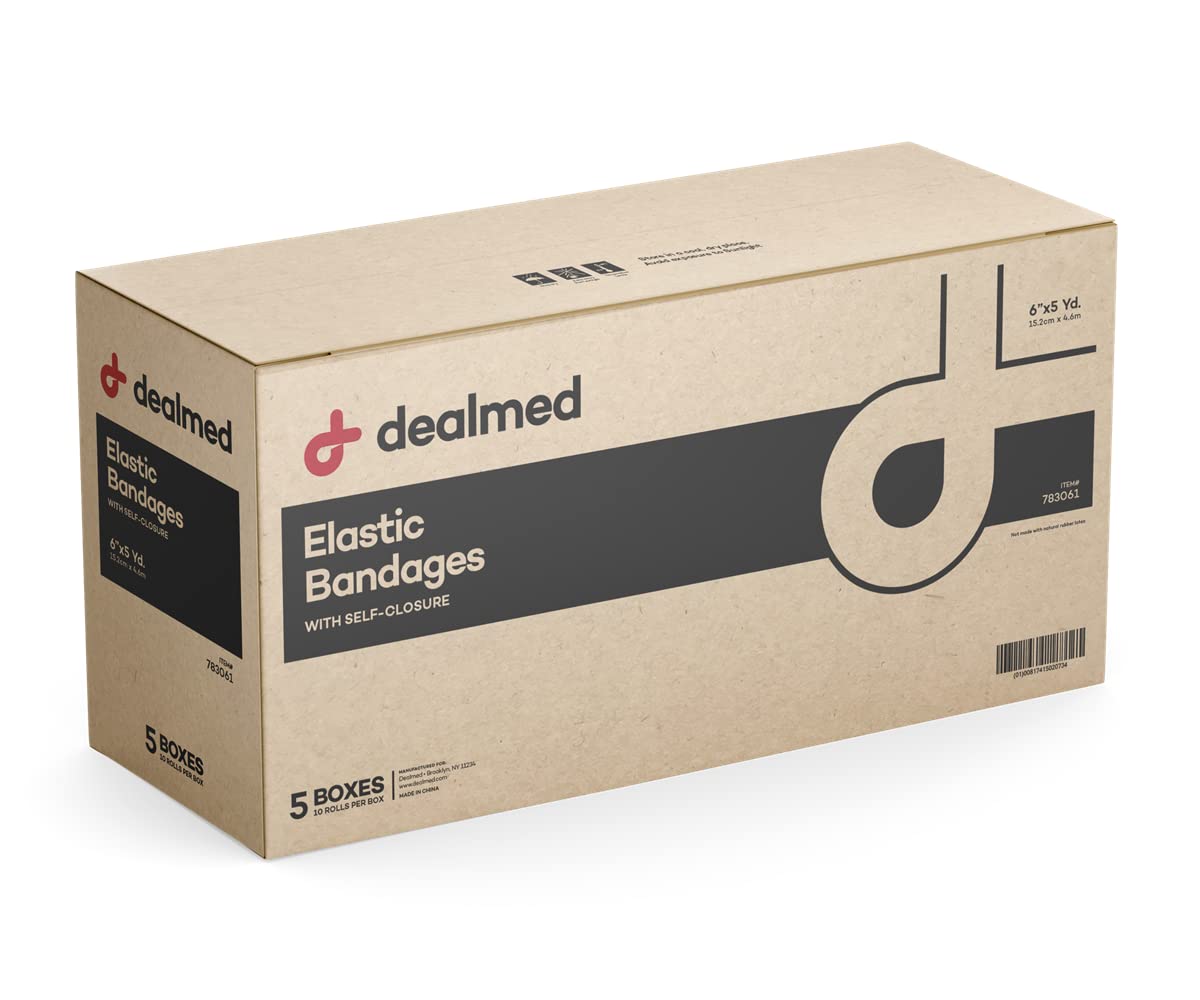 Dealmed Vendaje elástico de 6 pulgadas con cierre automático, 50 vendas elásticas, vendaje de compresión estirado de 5 yardas, producto de cuidado de heridas para botiquín de primeros auxilios e
