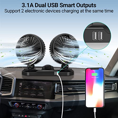 Electric Car Cooling Fan,12V 360°Adjustable Dual Head Cooling Air Fan With Two 3.1A USB Smart Output charging port, Brushless Motor Low Noise Automobile Vehicle Fan for Car/SUV/RV/Truck/Boat Use - Thumbnail 6