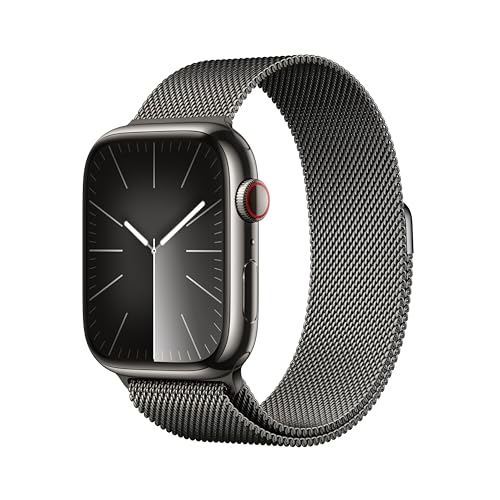 Apple Watch Series 9 [GPS + Cellular 45mm] Smartwatch with Graphite Stainless Steel Case with Graphite Milanese Loop. Fitness Tracker, Blood Oxygen & ECG Apps, Always-On Retina Display