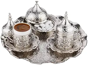 DEMMEX 2024 Turkish Greek Arabic Coffee Serving Set with Cups, Saucers, Cup Holders, Lids, Sugar Bowl & Lid and Tray, 11 Pcs (Silver)
