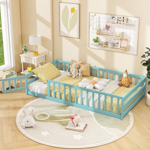 Giantex Twin Floor Bed with Door & Fence, Kids Wood Montessori Beds with Safety Guardrails, Floor Bed Twin for Kids, Boys, Girls, No Box Spring Needed, ICY Aqua