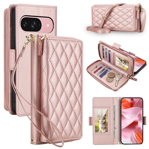 Étui portefeuille Google Pixel 9 en or rose avec 8 porte-cartes