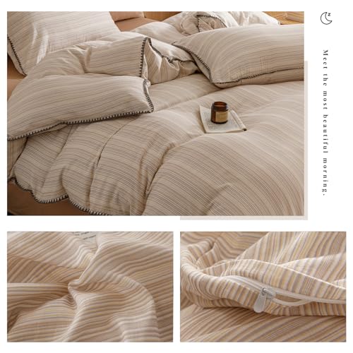 Image of VM VOUGEMARKET 100% Linen Cotton Duvet Cover Set Queen 3pcs Yarn Dyed Vertical Pinstripe Ticking Pattern Breathable Farmhouse Bedding Set - Purple Yellow Stripe, Queen Size