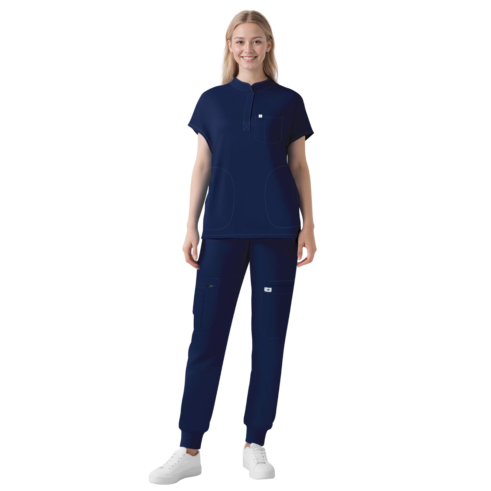 Scrubs for Women Set - Cool Stretch Scrub Top Jogger Pants with 11 Pockets Breathable Nursing Uniform Scrub