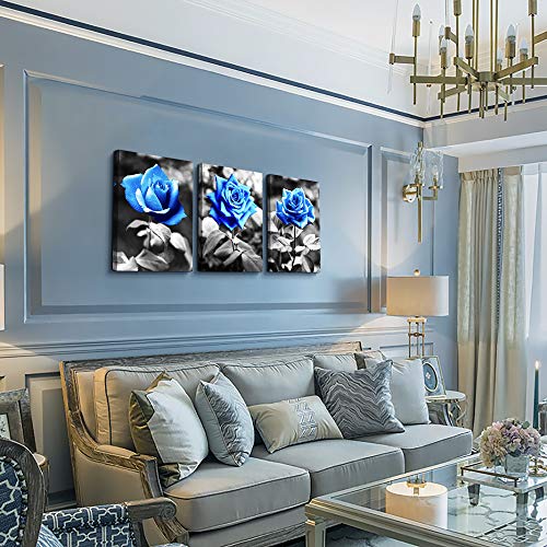 DZRWUBHS Large Wall Art For Living Room Wall Decor For Kitchen Black And White Canvas Prints Pictures Artwork Blue Rose Flowers Wall Paintings Modern Office Bedroom Room Home Decorations 3 Pieces