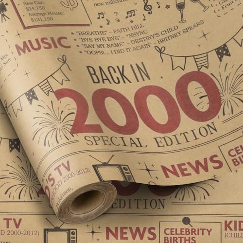 RUSPEPA 2026 Funny Birthday Wrapping Paper for Teenager, Mini Roll, Back In 2000 Newspaper Vintage Design Kraft Paper for 26th Birthday Party Gift and Special Occasions, 17 inches x 16.4 feet, 26th
