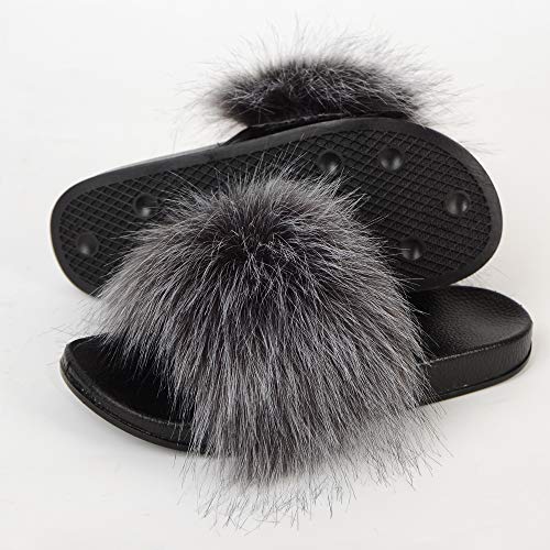 Image of MH Bailment Womens Furry Fluffy Slippers Faux Fur House Slippers Open Toe Fuzzy Slides Soft Flat Slip On Sandals for Indoor Outdoor
