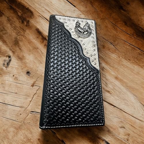Men’s Long Leather Wallet – Basketweave Tooled with Cowhide Inlay and Horseshoe Rooster Concho – Western Rodeo Bifold Checkbook Wallet for Ranchers & Cowboys2