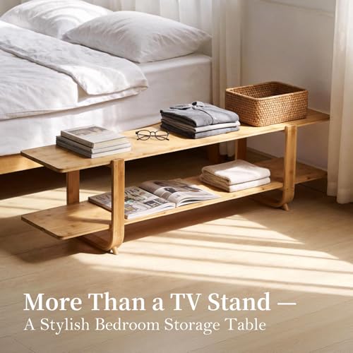 Image of Tiita Wood Bamboo TV Stand for 55-Inch TVs, 2 Open Shelves, Modern Console