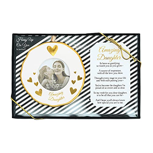 Pavilion - 4 Gold White Ornament Round 2.36 Photo Holder with Keepsake Card - Amazing Daughter - Gift Ready Packaged Set