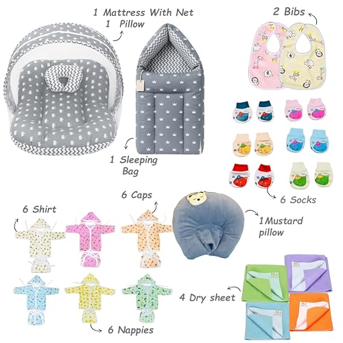 Image of Infantbond 72 in 1 New Born Baby Summer Complete Daily Items Combo | Baby Gift Set | New Born Gift set | Infant Combo set | Baby Hospital Bag for Newborn | New Born Essentials | Infant Clothes (0-6 Months) (Crown Grey)