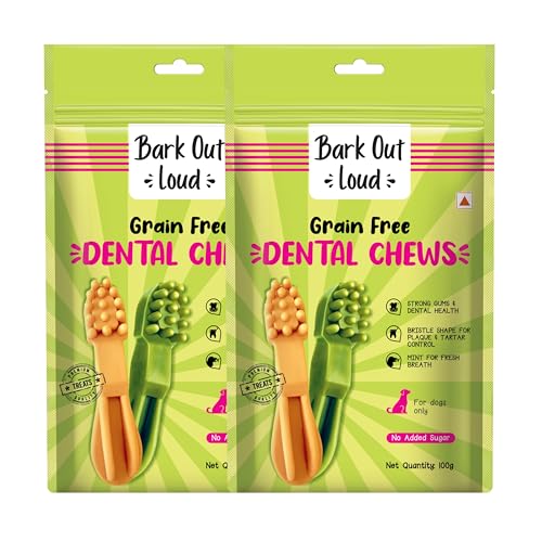 Image of BARK Out Loud - Dental Treats | Brush Shape Dog Chews | Removes Plaque /Tartar | Fresh Smell | Oral Care Gluten Free| Chicken Dog Treats- 200 GMS (100 gm x 2), All Life Stages, Stick