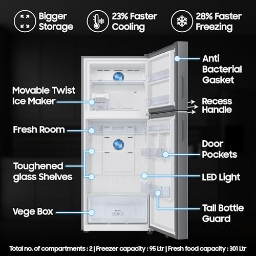 Image of Samsung 396 L, 2 Star, Convertible 5-in-1, Digital Inverter, Frost Free Double Door, Bespoke AI WiFi Enabled Refrigerator (RT41DG6A2BSLHL, Ez Clean Steel /Real Steel, Silver)