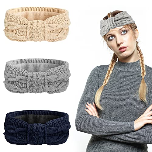 3 Pièces Bandeau Cheveux Femme Hiver,Bandeaux Oreille Hiver Tricoté Bandeau Chaud Headband Avec Doublure en Peluche Pour Dames/Femmes/Filles(Beige+Gris Clair+Bleu Foncé)