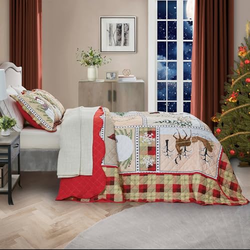 Image of Christmas Oversized Bedspread King Size, Snowman Pattern Bedding Quilt, Lodge Plaid Patchwork Coverlet, Lightweight & Soft Microfiber, 3 Piece Set