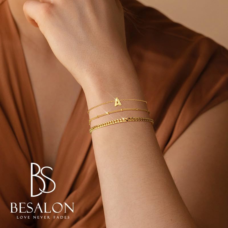 3 Pcs Gold and Silver Bracelets for Women 14K Gold Initaial Bracelet Stackable Letter Charm A-Z Monogram Bracelet Anti Tarnish Jewelry Gifts for Women - Image 2