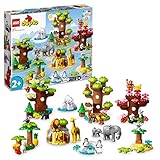 Questo set LEGO DUPLO include un mattoncino sonoro (batterie incluse) per produrre i suoni degli animali e dell'ambiente, e un tappetino da gioco con una dettagliata mappa pieghevole del mondo